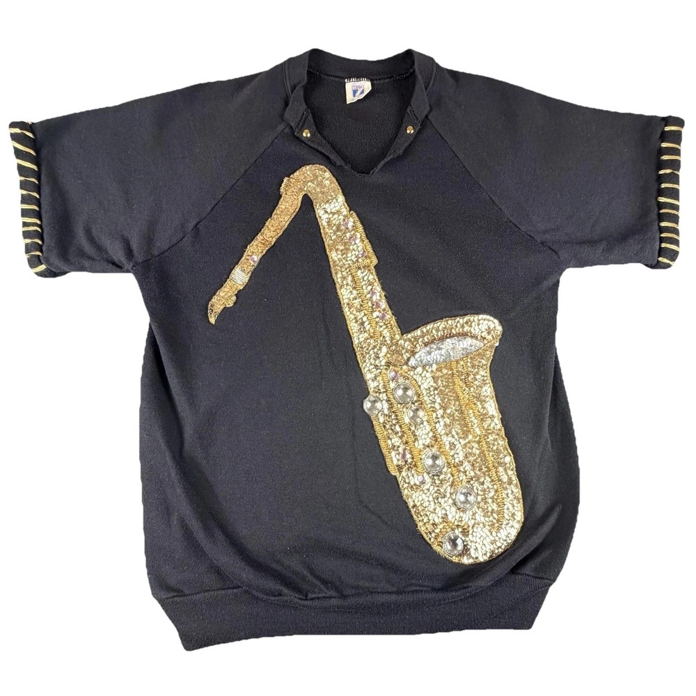 Vintage Logo 7 Sweatshirt Mens Large Black Saxophone Sequin Graphic Fleece USA